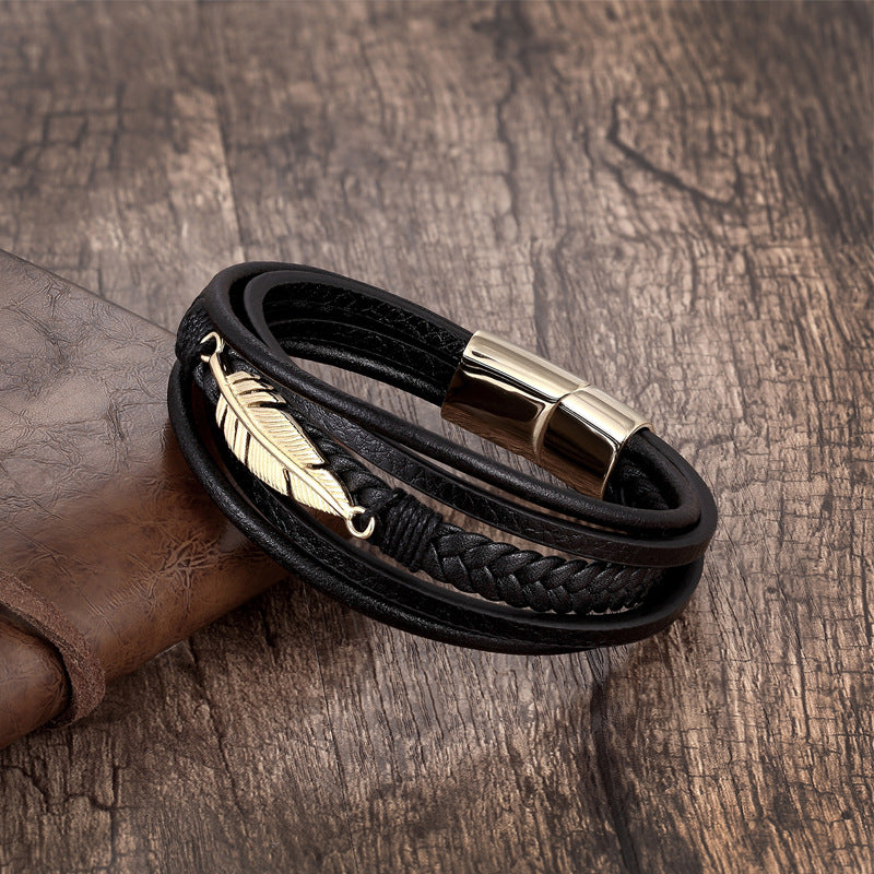 Angel Wing Leather Bracelet & Stainless Steel Leaf Bracelet