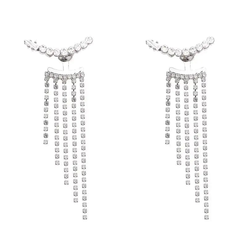 Sterling Silver Needle Sparkling Long Fringed Zircon Earrings
