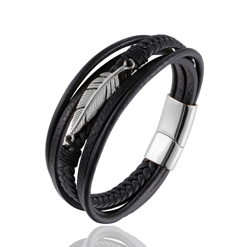 Angel Wing Leather Bracelet & Stainless Steel Leaf Bracelet