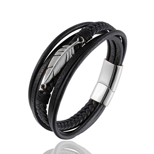 Angel Wing Leather Bracelet & Stainless Steel Leaf Bracelet